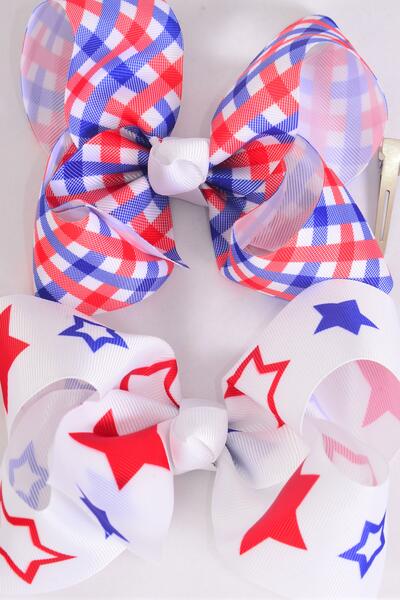 Hair Bow Jumbo Patriotic Plaid Star Pattern Mix Grosgrain Bow-tie / 12 pcs Bow = Dozen Alligator Clip , Bow - 6" x 5" Wide , 6 of each Pattern Asst , Clip Strip & UPC Code