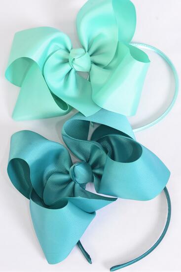 Headband Horseshoe Jumbo Green Mix Grosgrain Bow-tie / 12 pcs = Dozen Bow Size - 6" x 5" Wide , 6 Aqua , 6 Teal Green Color Asst , Display Card & UPC Code , Clear Box