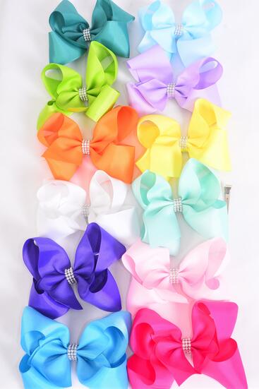 Hair Bow Jumbo Center Clear Stones Rainbow Mix Grosgrain Bow-tie / 12 pcs Bow = Dozen  Rainbow Color Mix , Alligator Clip , Bow - 6" x 5" Wide , 12 Color Asst , Clip Strip & UPC Code