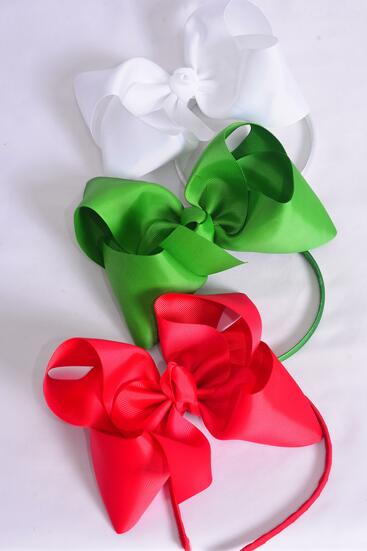 Headband Horseshoe Jumbo Red White Green Color Mix Grosgrain Bow-tie / 12 pcs = Dozen Bow Size - 6" x 5", 4 Red , 4 White , 4 Green Color Asst , Hang Tag & UPC Code , Clear Box