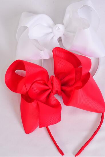 Headband Horseshoe Jumbo Grosgrain Bow-tie Red White Mix / 12 pcs = Dozen Bow Size - 6" x 5" Wide , 6 White , 6 Red Color Mix , Hang Tag & UPC Code , Clear Box