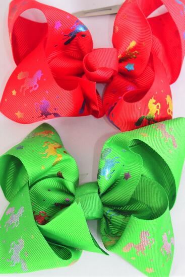 Hair Bow Jumbo Rainbow Metallic Unicorns Grosgrain Bow-ti / 12 pcs Bow = Dozen Unicorn , Alligator Clip, Size - 6" x 5" Wide , 6 Of Each Color Asst , Clip Strip & UPC Code