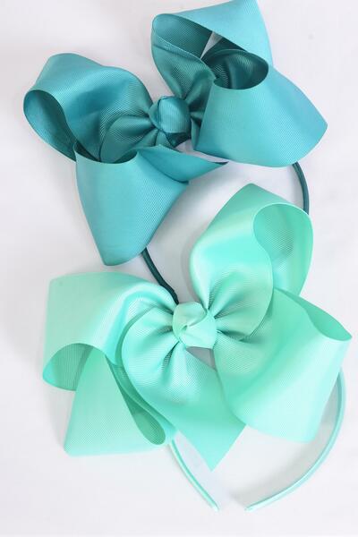 Headband Horseshoe Jumbo Green Mix Grosgrain Bow-tie / 12 pcs = Dozen Bow Size - 6" x 5" Wide , 6 Aqua , 6 Caribbean Green Color Asst , Display Card & UPC Code , Clear Box