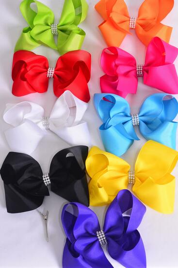 Hair Bow Jumbo Center Clear Stones Multi Grosgrain Bow-tie / 12 pcs Bow = Dozen Alligator Clip , Size - 6" x 5" Wide , 2 White , 2 Black , 2 Fuchsia , 1 Yellow , 1 Blue , 1 Red , 1 Purple, 1 Lime, 1 Orange Color Mix 