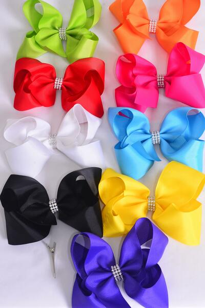 Hair Bow Jumbo Center Clear Stones Multi Grosgrain Bow-tie / 12 pcs Bow = Dozen Alligator Clip , Size - 6" x 5" Wide , 2 White , 2 Black , 2 Fuchsia , 1 Yellow , 1 Blue , 1 Red , 1 Purple, 1 Lime, 1 Orange Color Mix 