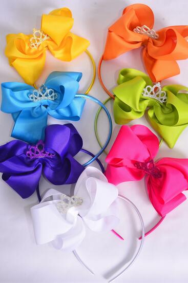 Headband Horseshoe Tiara Double Layered Grosgrain Bow-tie Citrus / 12 pcs = Dozen Bow Size - 6" x 5" , 2 White , 2 Fuchsia , 2 Purple , 2 Blue , 2 Yellow , 1 Lime , 1 Orange Color Asst , Hang Tag & UPC Code , W Clear Box