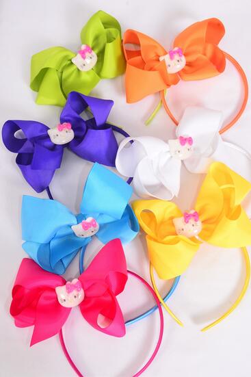 Headband Horseshoe Jumbo Kitty Charm Grosgrain Bow-tie Citrus / 12 pcs = Dozen Bow Size - 6" x 5" Wide , 2 White , 2 Fuchsia , 2 Purple , 2 Blue , 2 Yellow , 1 Lime , 1 Orange Color Asst , Hang Tag & UPC Code , W Clear Box