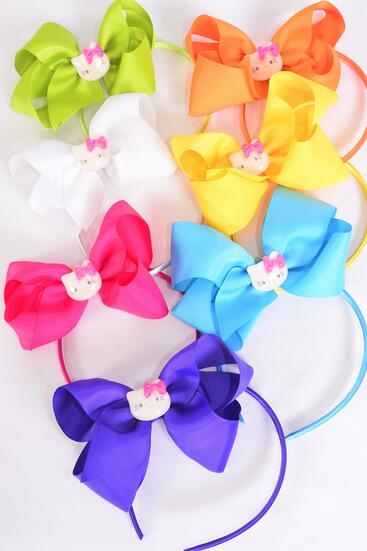 Headband Horseshoe Jumbo Kitty Charm Grosgrain Bow-tie Citrus / 12 pcs = Dozen Bow Size - 6" x 5" Wide , 2 White , 2 Fuchsia , 2 Purple , 2 Blue , 2 Yellow , 1 Lime , 1 Orange Color Asst , Hang Tag & UPC Code , W Clear Box