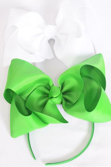 Headband Horseshoe Jumbo Grosgrain Bow-tie Green White Mix / 12 pcs = Dozen Bow Size - 6" x 5" Wide , 6 White , 6 Green Color Mix , Hang Tag & UPC Code , Clear Box