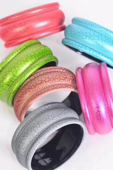 Bracelet Bangle Acrylic Wide Crackled Multi / 12 pcs = Dozen Multi , Size - 2.75" x 1.25" Dia Wide , 2 of each Color Asst , Hang tag & Opp bag & UPC Code