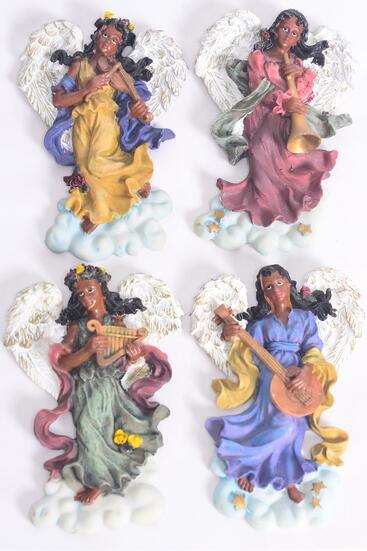 Figurine Angel Magnet Black Angel w Instrument / 12 pcs Angel = Dozen  Angel , Size - 2.75" x 4" Wide , 3 Of Each Pattern Asst , Disply Box