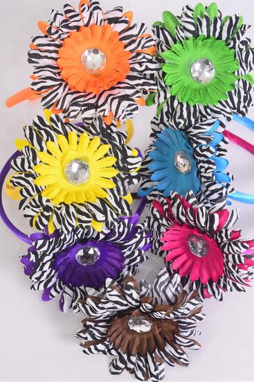 Headband Horseshoe Daisy Flower Zebra Print Multi / 12 pcs =Dozen Multi , Flower Size - 5" Wide , 2 Blue , 2 Brown , 2 Purple , 2 Yellow , 2 Green , 2 Fuchsia Color Asst , Hang Tag & UPC Code , W Clear Box