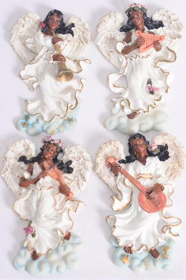 Figurine Angel Magnet Black Angel White Dress Instrument / 12 pcs Angel = Dozen Angel , Size - 2.75" x 4" x 0.75" Wide , 3 Of Each Pattern Asst , Disply Box