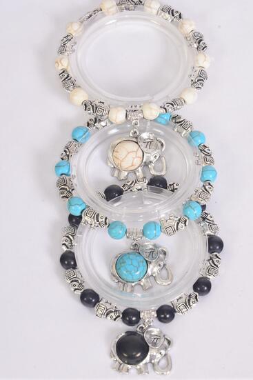 Bracelet Elephant Charm 8 mm Semiprecious Stone / 12 pcs = Dozen  match 02668 Elephant , Stretch , 4 Black , 4 Ivory , 4 Turquoise Asst , Hang Tag & OPP Bag & UPC Code