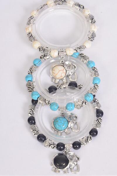 Bracelet Elephant Charm 8 mm Semiprecious Stone / 12 pcs = Dozen  match 02668 Elephant , Stretch , 4 Black , 4 Ivory , 4 Turquoise Asst , Hang Tag & OPP Bag & UPC Code