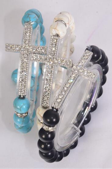 Bracelet Sideways Cross Stretch 10 mm Semiprecious Stone / 12 pcs = Dozen Stretch , Cross - 1.5" x 1" Wide , 4 Black , 4 Ivory , 4 Turquoise Asst , Hang Tag & OPP Bag & UPC Code