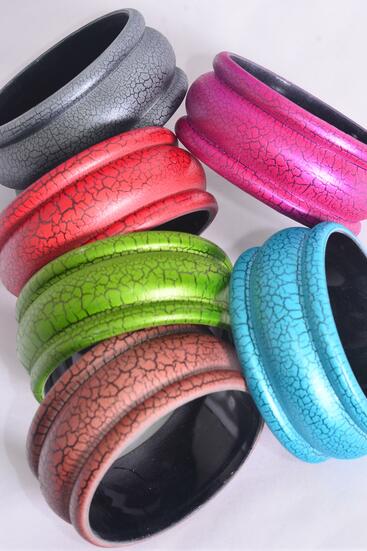 Bracelet Bangle Acrylic Wide Crackled Multi / 12 pcs = Dozen Multi , Size - 2.75" x 1.25" Dia Wide , 2 of each Color Asst , Hang tag & Opp bag & UPC Code