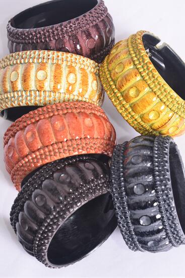 Bracelet Bangle Acrylic Hinge Fall Brush Stroke Wood Finish / 12 pcs = Dozen Size - 2.75 x 1.25" Wide , 2 of each Color Asst , Hang Tag & OPP Bag & UPC Code