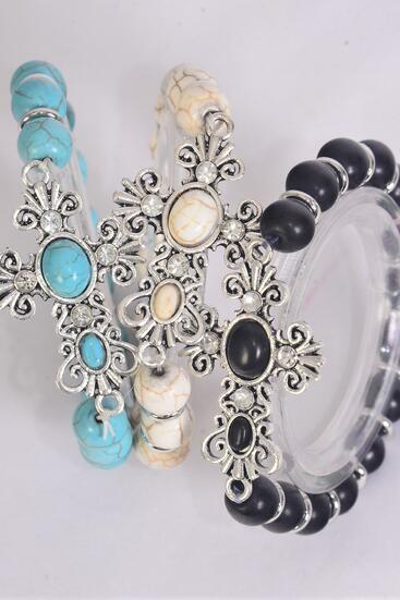 Bracelet Sideways Cross Stretch 10 mm Semiprecious Stone / 12 pcs = Dozen  match 02586 , 75025 Stretch , Cross - 1.75" x 1.25" Wide , 4 Black , 4 Ivory , 4 Turquoise Asst , Hang Tag & OPP Bag & UPC Code
