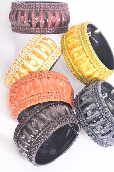 Bracelet Bangle Acrylic Hinge Brush Stroke Wood Finish / 12 pcs = Dozen Size - 2.75 x 1.25" Wide , 2 of each Color Asst , Hang Tag & OPP Bag & UPC Code