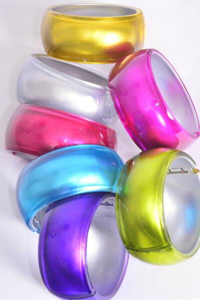 Bracelet Bangle Acrylic Hinge Cat-eye Multi / 12 pcs = Dozen Multi , Size - 2.75" x 1.25" Dia Wide , 2 Silver , 2 Blue , 2 Purple , 2 Fuchsia , 2 Yellow , 1 Lime , 1 Coral Mix , Hang Tag & OPP bag & UPC Code-