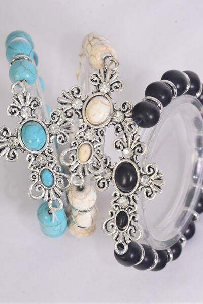 Bracelet Sideways Cross Stretch 10 mm Semiprecious Stone / 12 pcs = Dozen  match 02586 , 75025 Stretch , Cross - 1.75" x 1.25" Wide , 4 Black , 4 Ivory , 4 Turquoise Asst , Hang Tag & OPP Bag & UPC Code