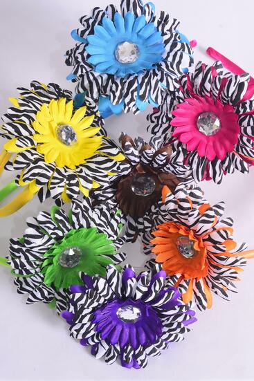 Headband Horseshoe Daisy Flower Zebra Print Multi / 12 pcs =Dozen Multi , Flower Size - 5" Wide , 2 Blue , 2 Brown , 2 Purple , 2 Yellow , 2 Green , 2 Fuchsia Color Asst , Hang Tag & UPC Code , W Clear Box