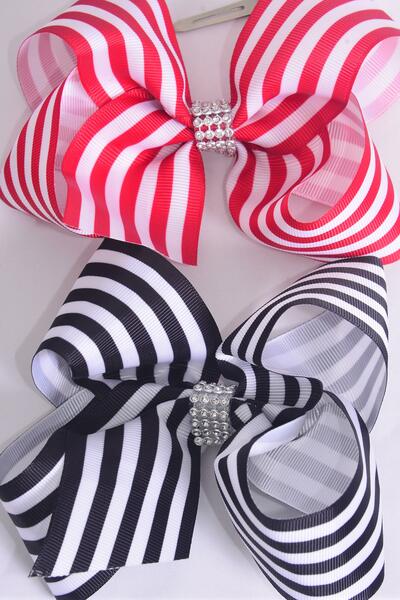 Hair Bow Jumbo Stripe Black Red Mix Grosgrain Bow-tie / 12 pcs Bow = Dozen Stripe , Alligator Clip , Bow - 6" x 5" Wide , 6 Black , 6 Red Color Asst , Clip Strip & UPC Code