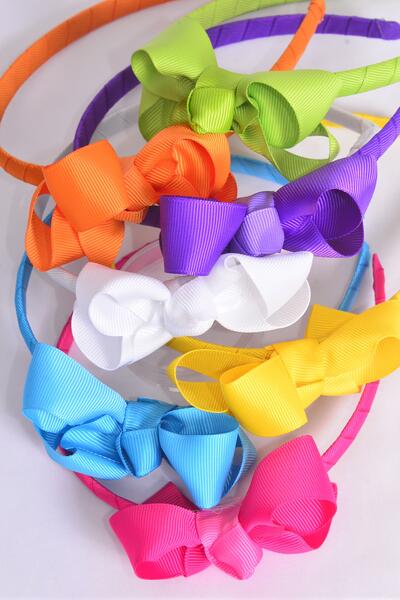 Headband Horseshoe Grosgrain Bow-tie Citrus / 12 pcs = Dozen Bow Size - 4" x 3" Wide , 2 Fuchsia , 2 Blue , 2 White , 2 Purple , 2 Yellow , 1 Lime , 1 Orange Color Asst , Hang tag & UPC Code ,W Clear Box -