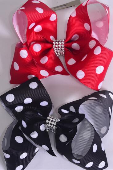 Hair Bow Jumbo Polka Dots Black Red Mix Grosgrain Bow-tie / 12 pcs Bow = Dozen Alligator Clip , Bow - 6" x 5" Wide , 6 Black , 6 Red Color Asst , Clip Strip & UPC Code