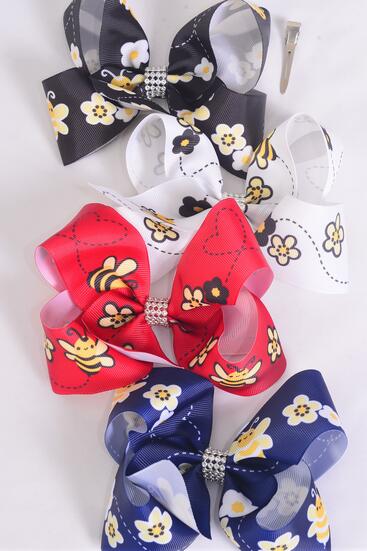 Hair Bow Jumbo Honey Bee W Flowers Grosgrain Bow-tie / 12 pcs Bow = Dozen    Alligator Clip , Size - 6" x 5" Wide , 3 Of Each Pattern Asst , Clip Strip and UPC Code