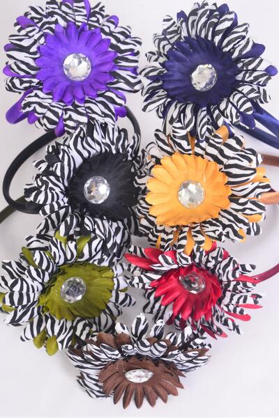 Headband Horseshoe Daisy Flower Zebra Print Dark Multi / 12 pcs =Dozen Flower Size - 5" Wide , 2 Black , 2 Purple , 2 Brown , 2 Burgundy , 2 Navy , 1 Camel , 1 Olive Color Asst , Hang Tag & UPC Code ,Clear Box