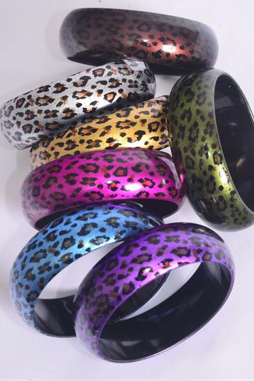 Bracelet Bangle Acrylic Leopard Print Multi / 12 pcs = Dozen Multi , Size - 2.75" x 1" Dia wide , 2 Silver , 2 Gold , 2 Fuchsia , 2 Purple , 2 Brown , 1 Olive , 1 Blue Color Asst , Hang Tag & Opp Bag & UPC Code