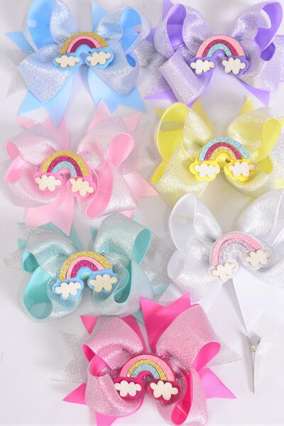 Hair Bow Jumbo Double Layered Metallic Happy Rainbow Grosgrain Bow-tie Pastel / 12 pcs Bow = Dozen Alligator Clip , Bow - 6" x 5" , 2 White, 2 Lavender, 2 Baby Pink , 2 Hot Pink , 2 Mint Green , 1 Blue , 1 Yellow Asst , Clip Strip & UPC Code