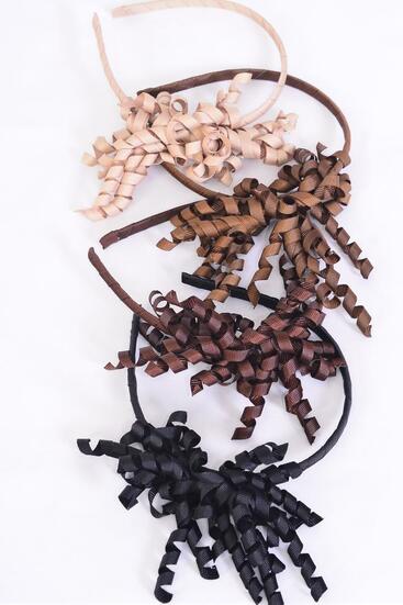 Headband Horseshoe Twirl Grosgrain Bow-tie Browntone / 12 pcs = Dozen Brown Khaki Mix , 3 Khaki , 3 Light Brown , 3 Dark Brown , 3 Black Color Asst , Hang Tag & UPC Code , W Clear Box