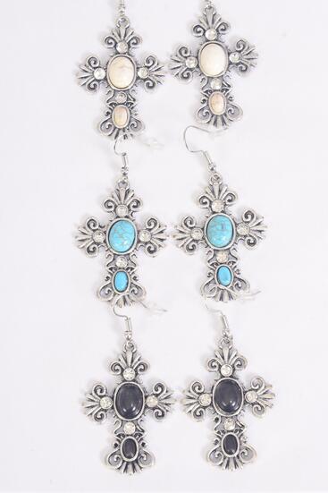 Earrings Metal Antique Cross Semiprecious Stone / 12 pair = Dozen match 27129 75025  Fish Hook , Size - 1.75" x 1.25" Wide , 4 Black , 4 Ivory , 4 Turquoise Asst , Earring Card & OPP Bag & UPC Code