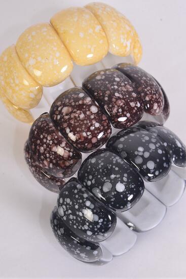 Bracelet Acrylic Oval Stretch Black Beige Brown Color Asst / 12 pcs = Dozen  Stretch , 4 of each Color Asst , Hang Tag & OPP Bag & UPC Code