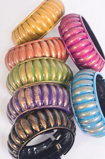 Bracelet Bangle Fall Hinge Acrylic Brush Stroke Ridged Multi / 12 pcs = Dozen Hinge , Size-2.75"x 1.5" Dia Wide , 2 Blue , 2 Purple , 2 Fuchsia , 2 Gold , 2 Black , 1 Green , 1 Orange Color Asst , hang Tag & Opp bag & UPC Code