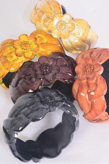 Bracelet Bangle Acrylic Hinge Fall Brush Stroke Wood Finish / 12 pcs = Dozen Hinge , Size - 2.75 x 1.25" Wide , 3 Black , 3 Beige , 2 Honey , 2 Dark Brown , 2 Pink Color Asst , Hang Tag & OPP Bag & UPC Code