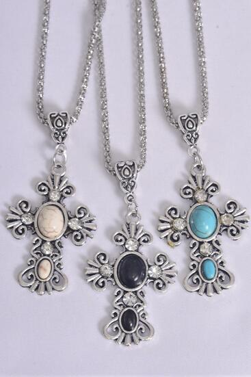 Necklace Silver Chain Cross Semiprecious Stone / 12 pcs = Dozen match 03175 27129 Pendant - 1.75" x 1.25" Wide , 18" Extension Chain , 4 Ivory , 4 Black , 4 Turquoise Asst , Hang Tag & OPP Bag & UPC Code