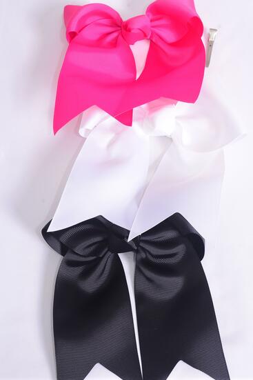 Hair Bow Extra Jumbo Long Tail Cheer Type Bow Black Fuchsia White Color Mix Grosgrain Bow-tie / 12 pcs Bow = Dozen  Alligator Clip , Size - 6.5" x 6" Wide , 4 Black , 4 Fuchsia , 4 White Color Asst , Clip Strip & UPC Code
