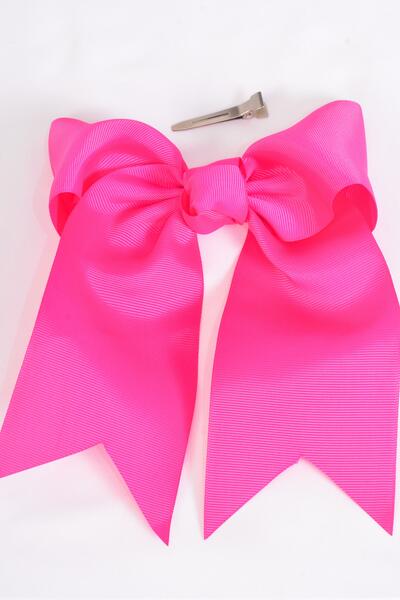 Hair Bow Extra Jumbo Long Tail Cheer Type Bow Fuchsia Grosgrain Bow-tie / 12 pcs Bow = Dozen Fuchsia , Alligator Clip , Size - 6.5" x 6" Wide , Clip Strip & UPC Code