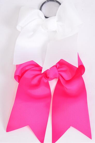 Hair Bow Extra Jumbo Long Tail Cheer Type Bow Elastic Fuchsia White Color Mix Grosgrain Bow-tie / 12 pcs Bow = Dozen Elastic , Size - 6.5" x 6" , 6 Fuchsia , 6 White Color Asst , Clip Strip & UPC Code