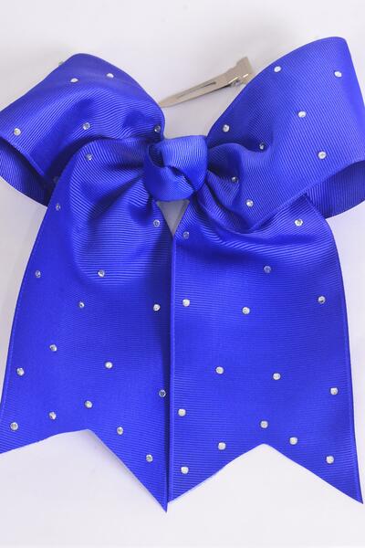 Hair Bow Extra Jumbo Long Tail Cheer Type Bow Royal Blue Clear Stone Studded Grosgrain Bow-tie / 12 pcs Bow = Dozen  Royal Blue, Alligator Clip , Size - 6.5" x 6" Wide , Clip Strip & UPC Code