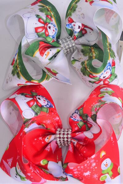 Hair Bow Jumbo Snowman Grosgrain Bow-tie / 12 pcs Bow = Dozen  Alligator Clip , Size - 6" x 5" Wide , 6 Of Each Pattern Asst , Clip Strip & UPC Code