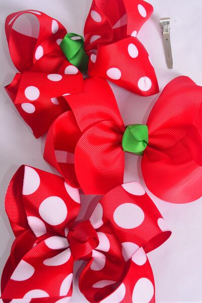 Hair Bow Jumbo Red Polka dots Mix Grosgrain Bow-tie / 12 pcs Bow = Dozen Alligator Clip , Size - 6" x 5" Wide , 4 of each Pattern Mix , Clip Strip & UPC Code