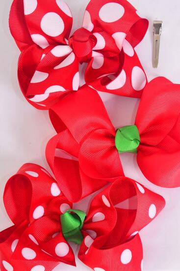 Hair Bow Jumbo Red Polka dots Mix Grosgrain Bow-tie / 12 pcs Bow = Dozen Alligator Clip , Size - 6" x 5" Wide , 4 of each Pattern Mix , Clip Strip & UPC Code