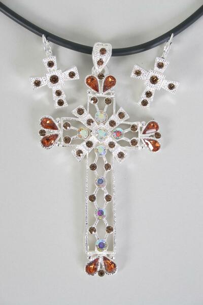 Necklace Sets Large Cross Rhinestone / Sets  French Post , Size - 18" , Cross - 3.5" x 2" Wide , Earring - 1" x 0.75" Wide , Extenstion Chain , Display Card & OPP Bag & UPC Code , Choose Colors