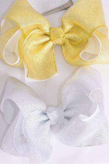 Hair Bow Jumbo Metallic Double Layered Gold Silver Color Mix Grosgrain Bow-tie / 12 pcs Bow = Dozen Alligator Clp , Size - 6" x 5" Wide , 6 Gold , 6 Silver Color Asst , Clip Strip & UPC Code