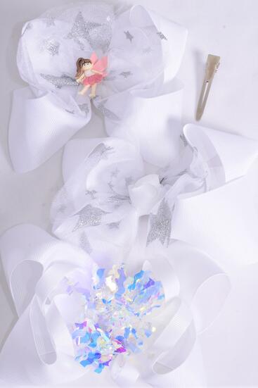 Hair Bow Jumbo Iridescent Mesh Metallic Stars Fairy Mix Grosgrain Bow-tie White / 12 pcs Bow = Dozen White , Alligator Clip , Size - 6" x 5" Wide , 4 of each Pattern Asst , Clip Strip & UPC Code